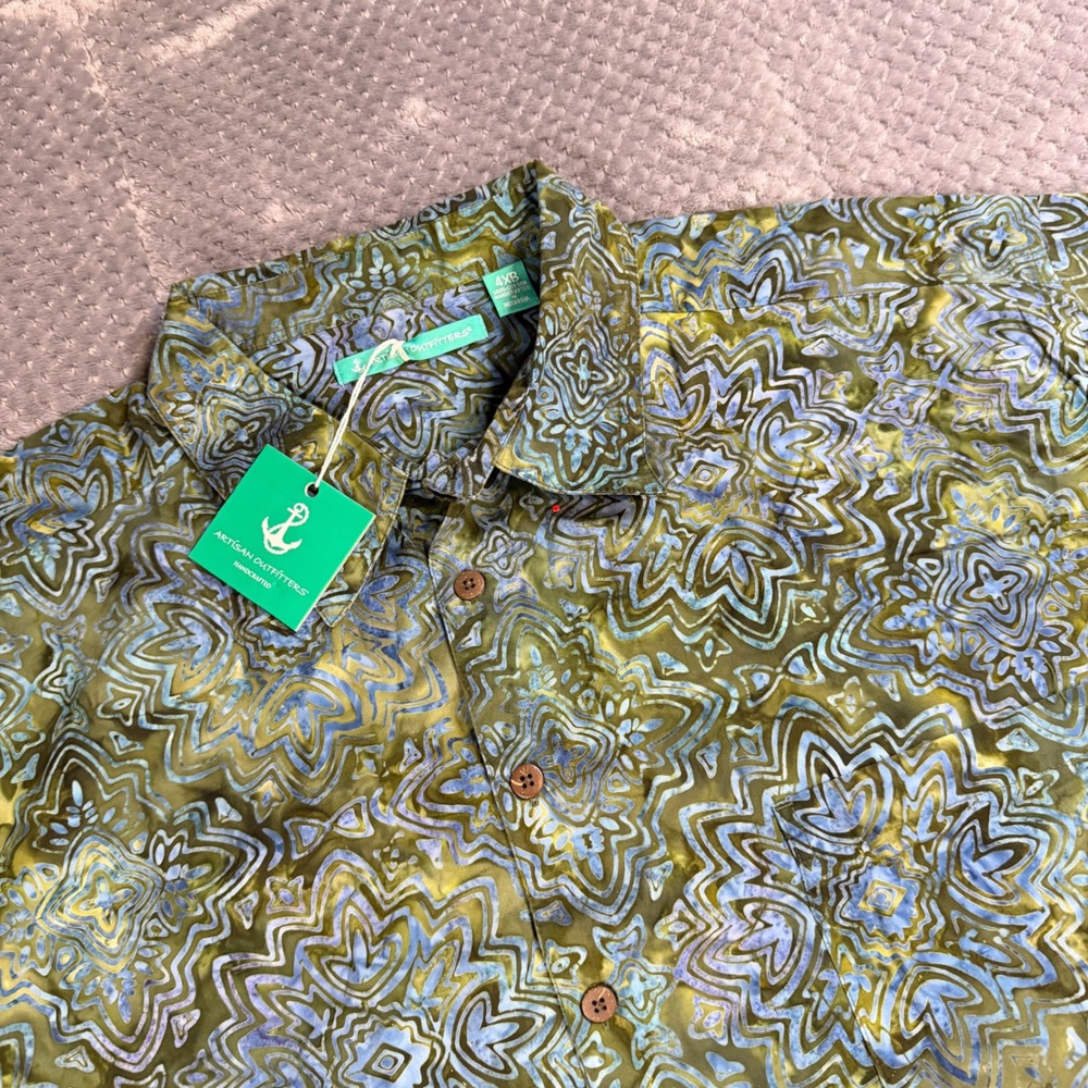 Artisan Outfitters Mens 4XB Batik Cotton Button Up Shirt Green Blue Geometric